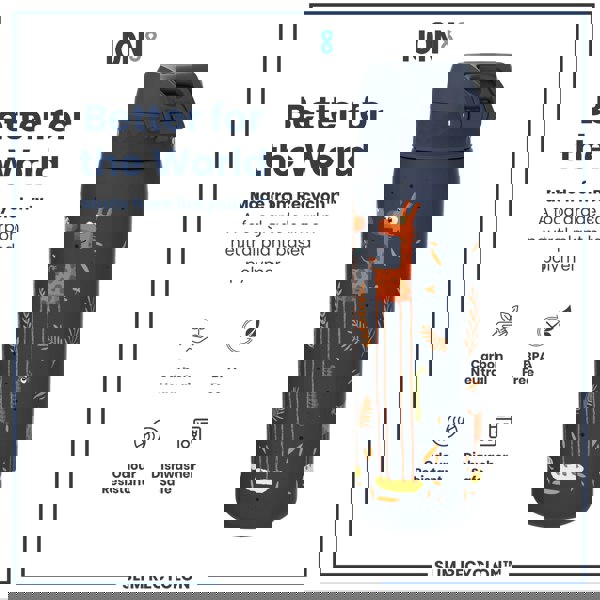 A water bottle, decorated with cartoon giraffes, stands against a white background. It's made from a plant-based polymer, is BPA-free, and dishwasher-safe. The bottle is advertised as “Better for the World.”