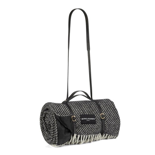 Members' Club Wool Picnic Blanket with Long Black Leather Shoulder Strap