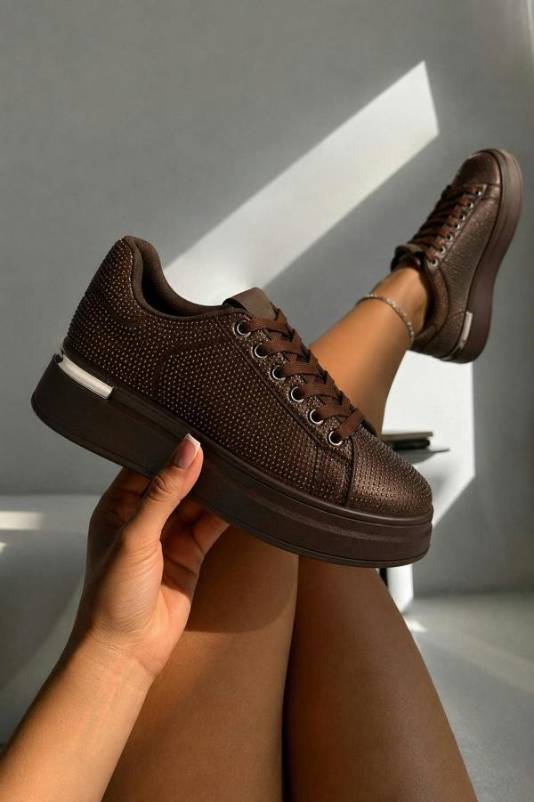 Love Lemonade Crystal Society Glow Lace-Up Chunky Platform Trainers Brown