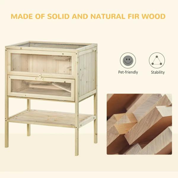 Natural fir wooden small animal cage with open front panels and lower platform