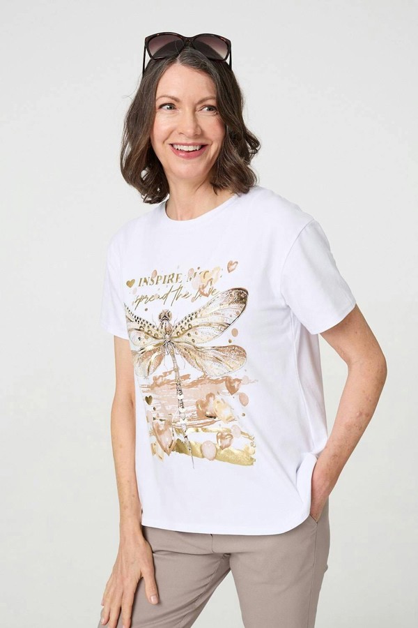 Izabel London Graphic Print Metallic Detail T-Shirt - White
