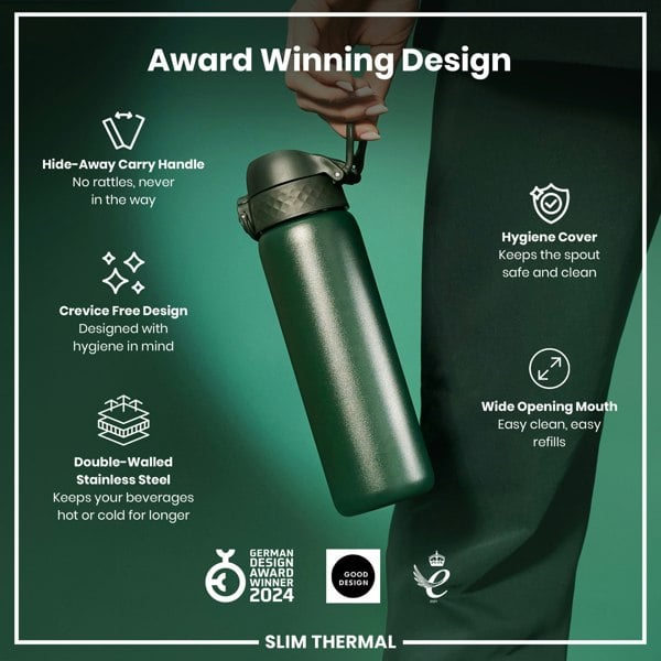 ION8 Leak Proof Slim Thermal Water Bottle, Insulated Steel, Dark Green, 500ml (17oz)