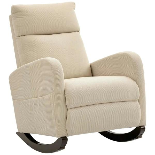 Beige corduroy rocking armchair with padded arms, single seat cushion, curved base.