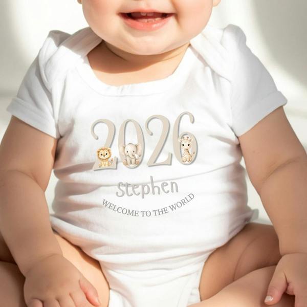 Personalised Taupe 2026 Welcome To The World Jungle Baby Grow, Vest or Bib with Name