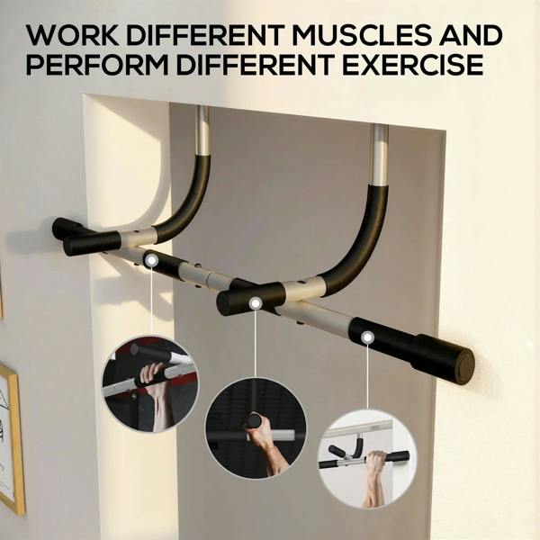 Doorway pull-up bar with black foam handles and curved silver grips for home gym