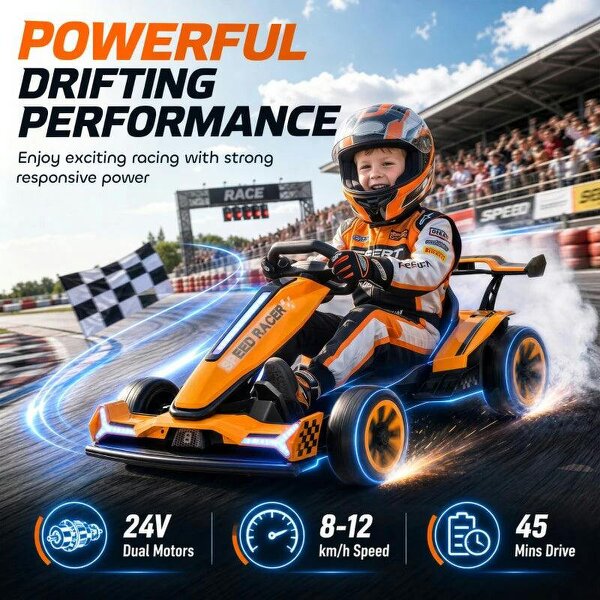 24V Electric Go Kart for Kids 6-12 Years with Drift Mode, Adjustable Seat, 3 Speed, Slow Start, Orange