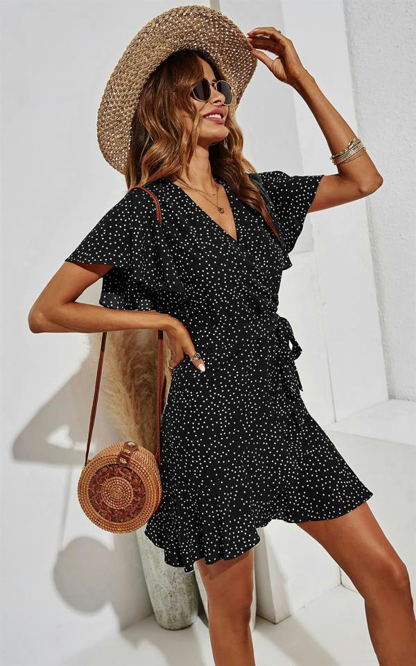 FS Collection White Dot Mini Wrap Top Dress In Black