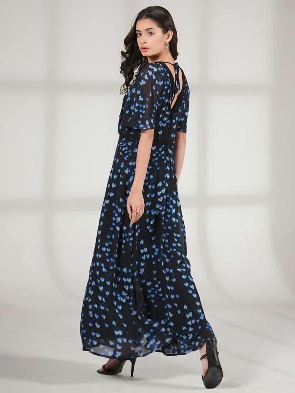 Rose & Nancy Pippa Black Blue Floral Lace trim Maxi Dress