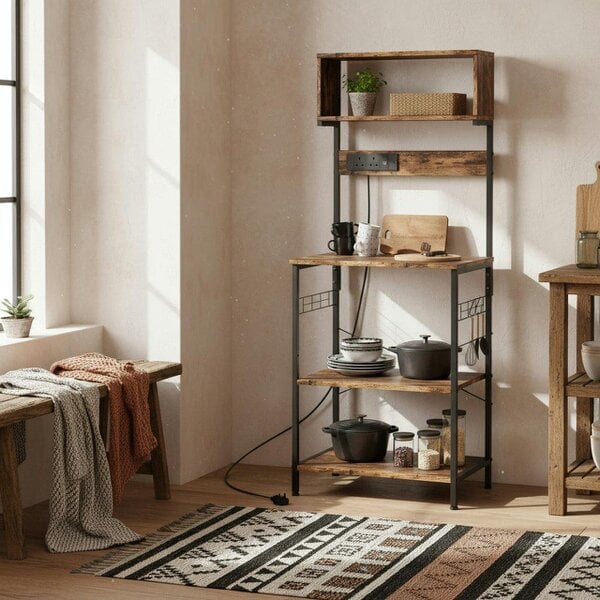Wyld Haus Raco Kale Wooden Rustic Brown Bakers Rack With Power Outlet USB Charging And Adjustable Shelves