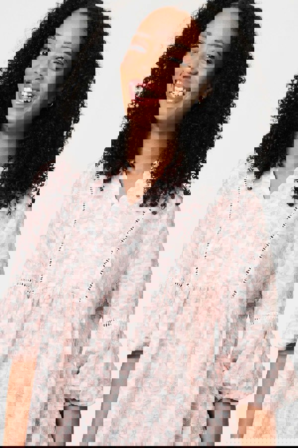 Pink | Floral Curve Hem 3/4 Puff Sleeve Blouse