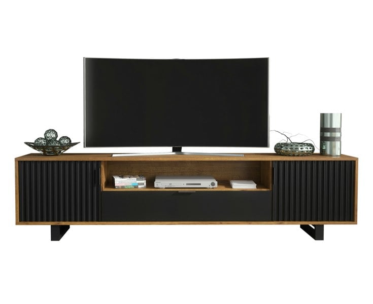 Mex Furniture Milled 200cm TV Unit with Oak Matt Body and Black Milled-Front Doors