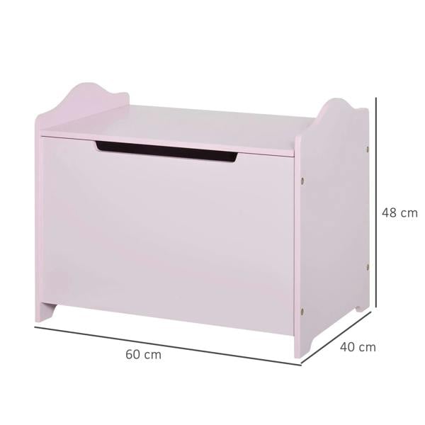 Pink wooden toy box storage chest with open front lid and side safety hinges.