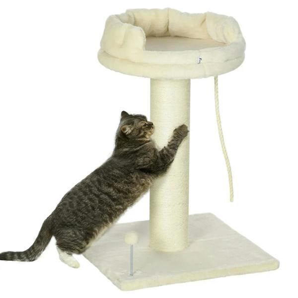 Cream cat tree with plush round bed and sisal-wrapped scratching post