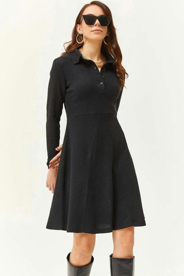Hoxton Gal Polo Collar Buttoned Mini Flared Dress