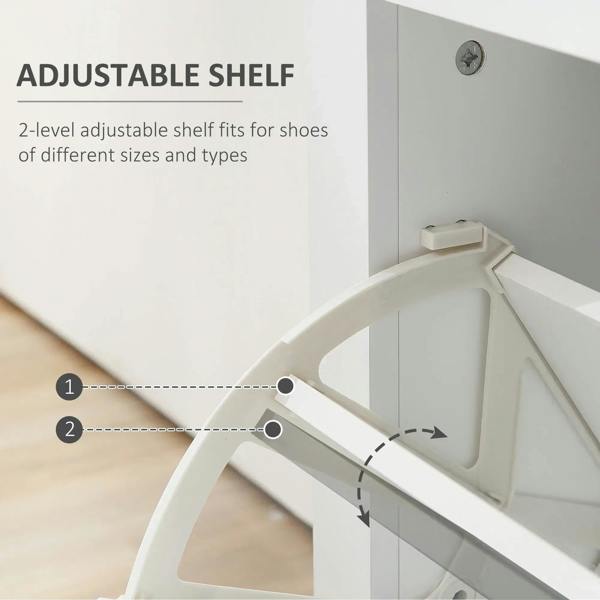 Adjustable shelf inside a white shoe storage cabinet with angled support brackets