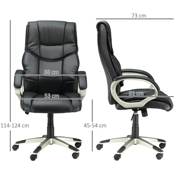 Black faux-leather office chair with armrests shown with front and side dimensions