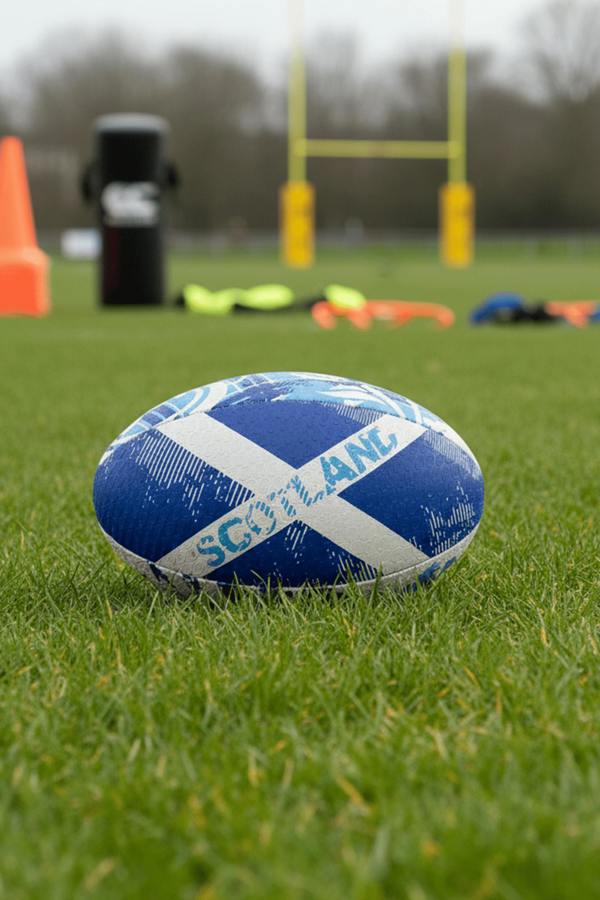 Blue Optimum Scotland rugby ball with white saltire and SCOTLAND print on grass by rugby posts - Optimum