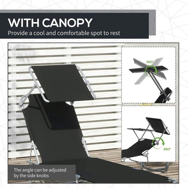 Black sun lounger chair with canopy and adjustable backrest using side knobs