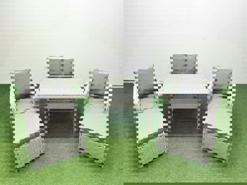 Fimous Light Grey PE Wicker Rattan Garden Furniture Set Sofa Set Reclining Chair Rectangular Dining Table 6 Seater 2 Big Stools