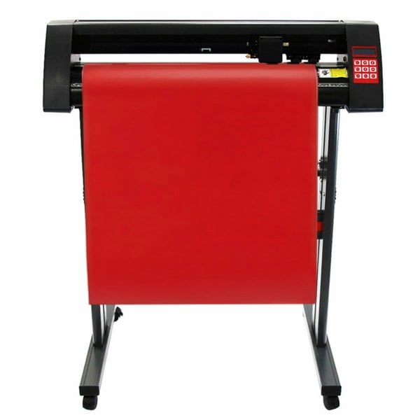 PixMax 38cm vinyl cutter with a sleek black frame and vibrant red vinyl roll, designed for precision cutting and crafting