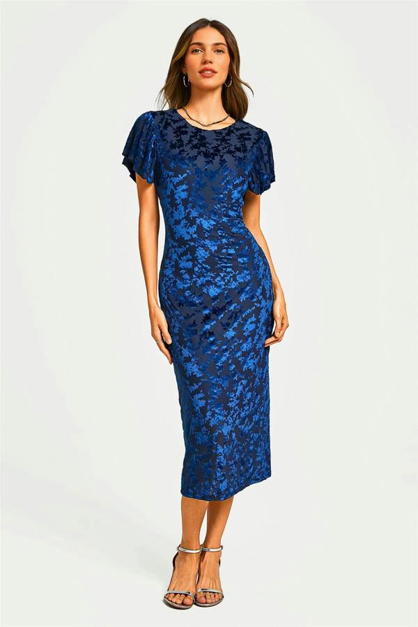 FS Collection Floral Velvet Devore Puff Sleeve Bodycon Midi Dress In Navy