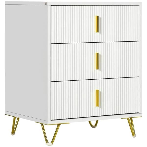 White three-drawer chest with ribbed fronts, gold bar handles, and gold curved legs