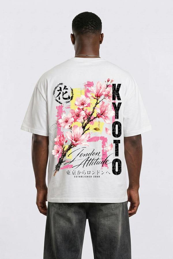 London Attitude Japanese Blossom Oversized Heavyweight T-Shirt in White