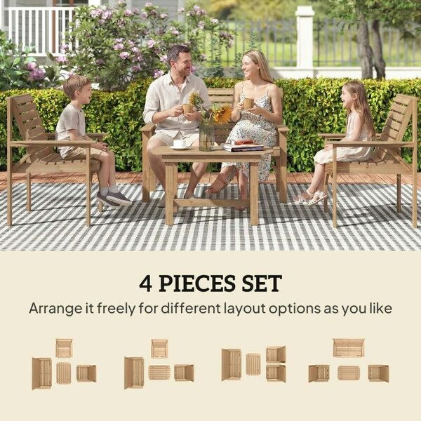 4 Piece Wooden Garden Furniture Set, Outdoor Garden Sofa Set with 2 Armchairs, Loveseat and Coffee Table, Natural Wood