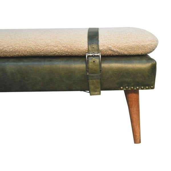 Artisan Furniture Bouclé Buffalo Hide Olive Green Leather Bench