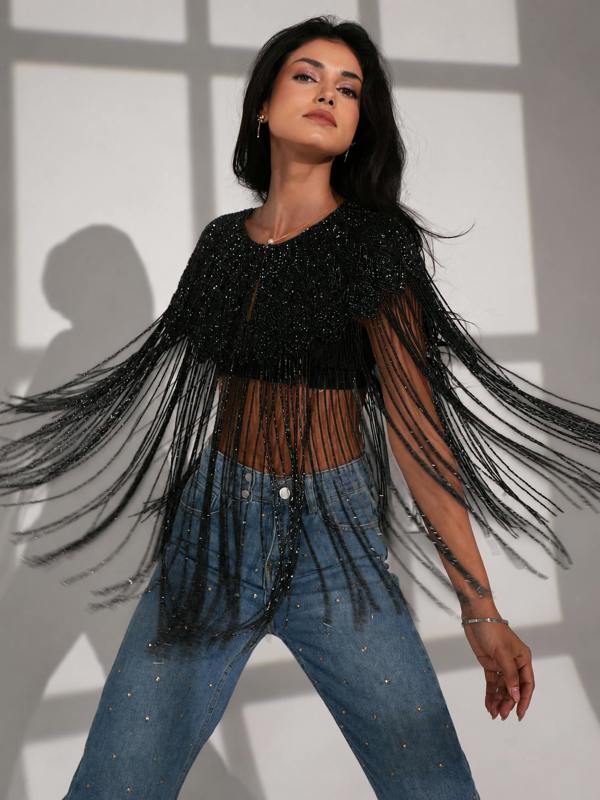 Rose & Nancy Bella Black Hand Beaded Throw On Cape Fringed Top