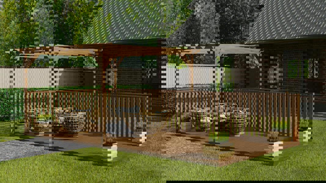 Rectangular pergola and decking kit with balustrade, made from pressure treated timber and high quality pergola posts, featuring a raised wooden deck, vertical slatted balustrade, and an open pergola roof frame.