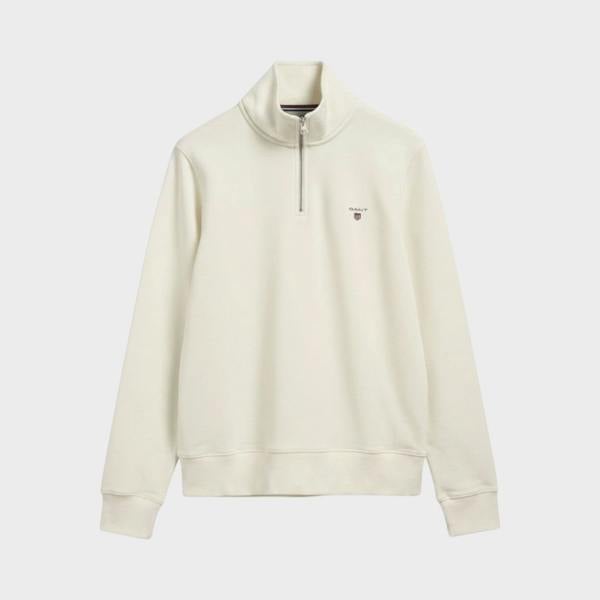 Supplied Fashion GANT cream half-zip sweater in soft cotton blend with ribbed cuffs and embroidered chest logo