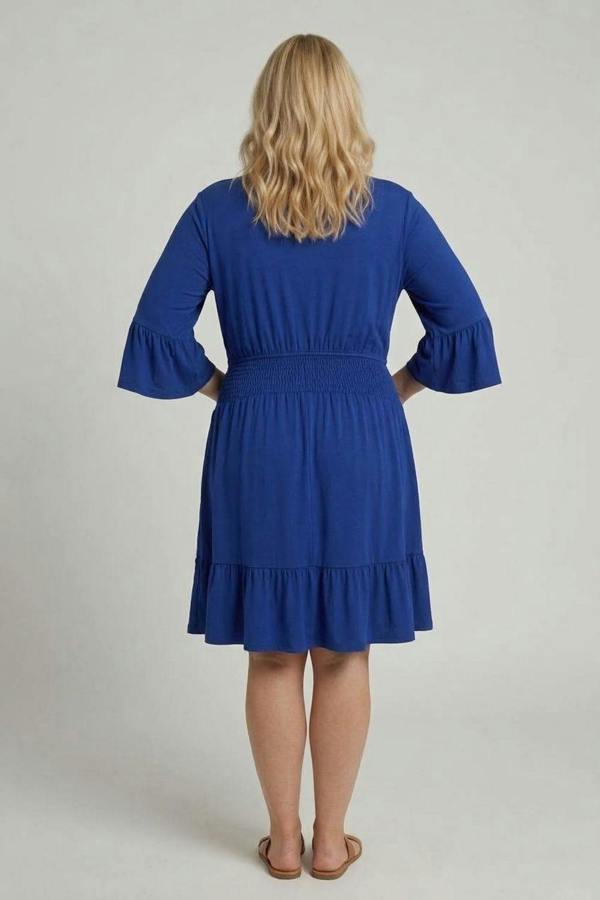Blue | Curve Shirred 3/4 Sleeve Midi Dress