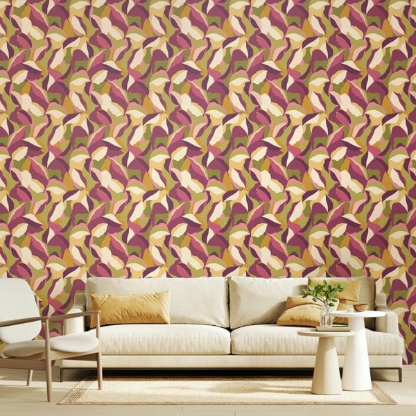 Hoopla Walls Leafy Patchwork - Plum & Olive 10m Wallpaper