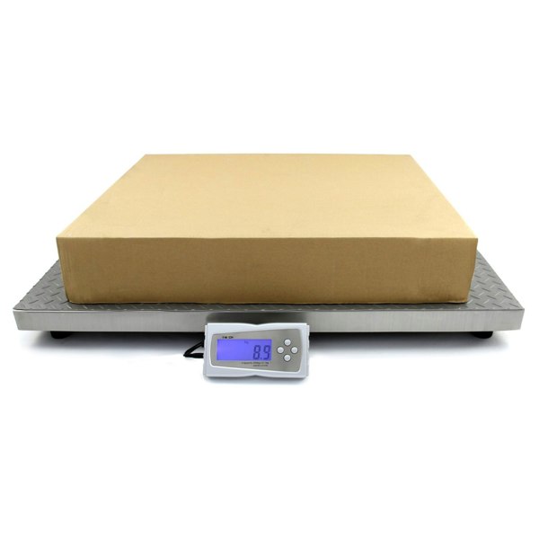 T-Mech 90cm x 60cm platform scales with a digital display, featuring a sturdy metal base and a large cardboard box for weighing