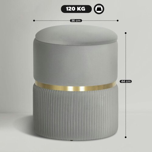 Wyld Haus Rivera Velvet Light Grey Ribbed Storage Ottoman Gold Accent