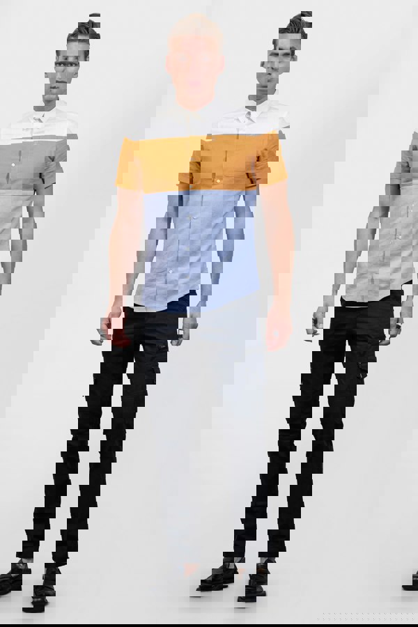 ENORSIA Multicoloured White/Orange/Blue Linen Blend Colour Block Shirt