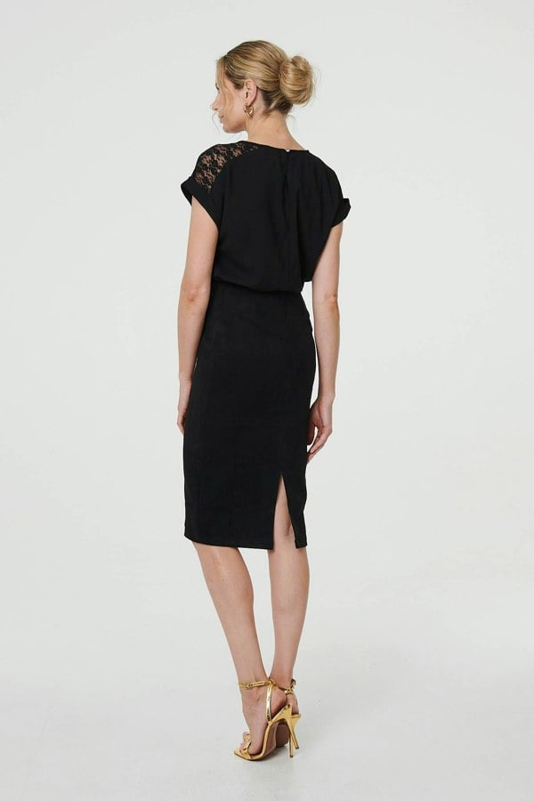 Black | Faux Suede Knee Length Pencil Skirt
