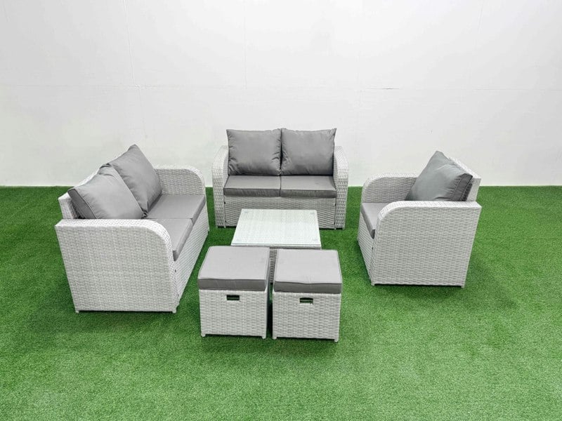 Fimous High Back Poly Rattan Garden Furniture Set with Reclining Chair Loveseat Sofa Square Coffee Table Indoor Outdoor Patio  Set 2 Stool Light Grey