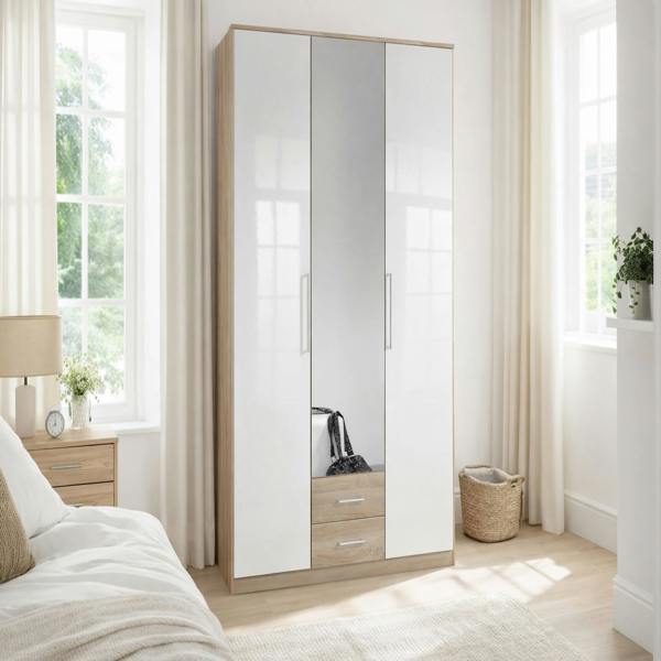 Gamma 3 door oak and White gloss wardrobe