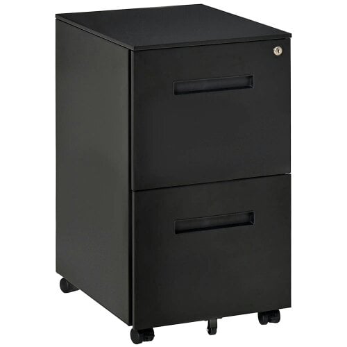 Bobobiy Metal Mobile File Cabinet with Wheels, Lockable 2 Drawer Filing Cabinet for A4, 39 x 48 x 67cm, Black