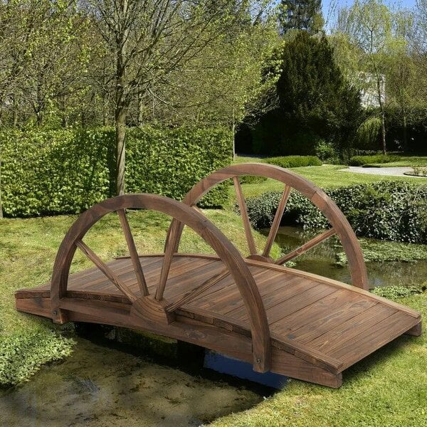 Wooden Garden Bridge Lawn Décor Stained Finish Arc Outdoor Pond WalkwayYard Decoration Half Wheeled Railings 100L x 50W x 37Hcm - Stained Wood Color