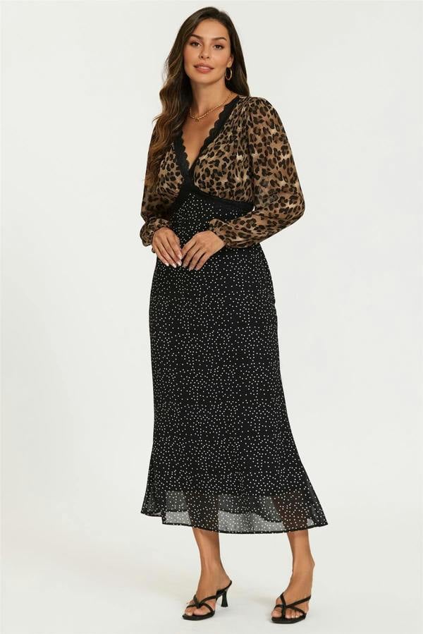 FS Collection Black Dot & Brown Leopard Print Long Sleeve Maxi Dress
