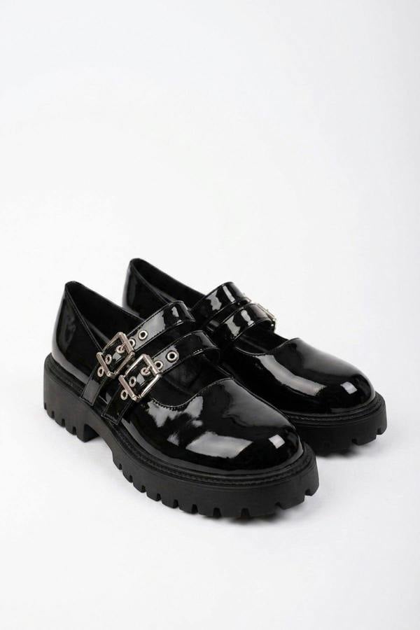 Saoirse Patent Double Buckle Chunky Shoes - Black