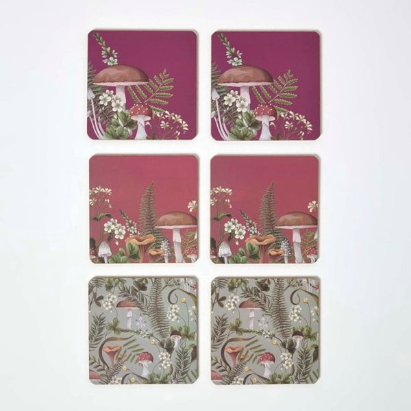 HOMESCAPES Cork Coasters with Mushroom Design, Set of 6