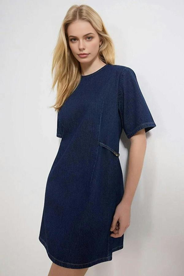 WOVCOR Draped 100% Cotton Denim Mini Dress with Accessory Details