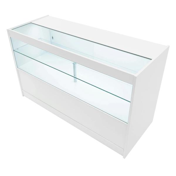 White Calliope LED shop counter set featuring sleek glass shelves, modern design, and illuminated display for showcasing products
