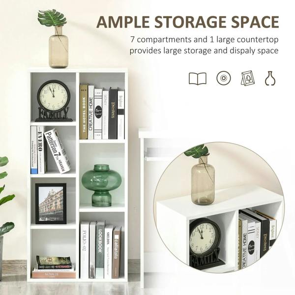 White seven-cube bookcase with 7 compartments and a top display shelf for storage.