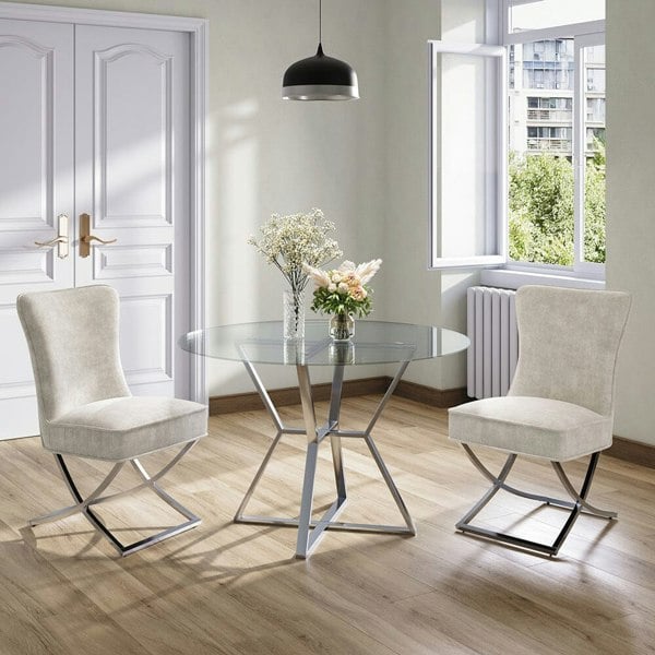 Set of 2 Beige High Back Dining Chairs with velvet Upholstered Dining Chairs Living and Home Beige