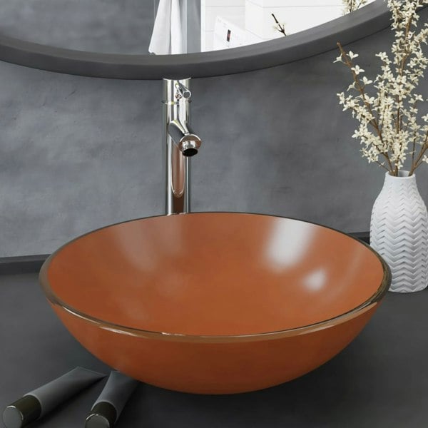 Berkfield Bathroom Sink with Tap and Push Drain Brown Tempered Glass